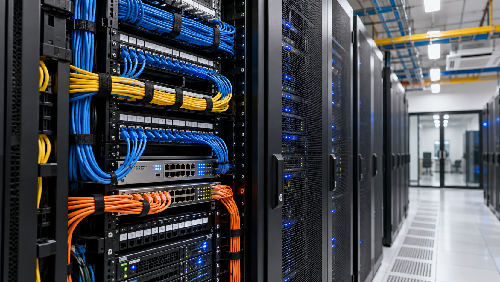 Structured network cabling and server rack