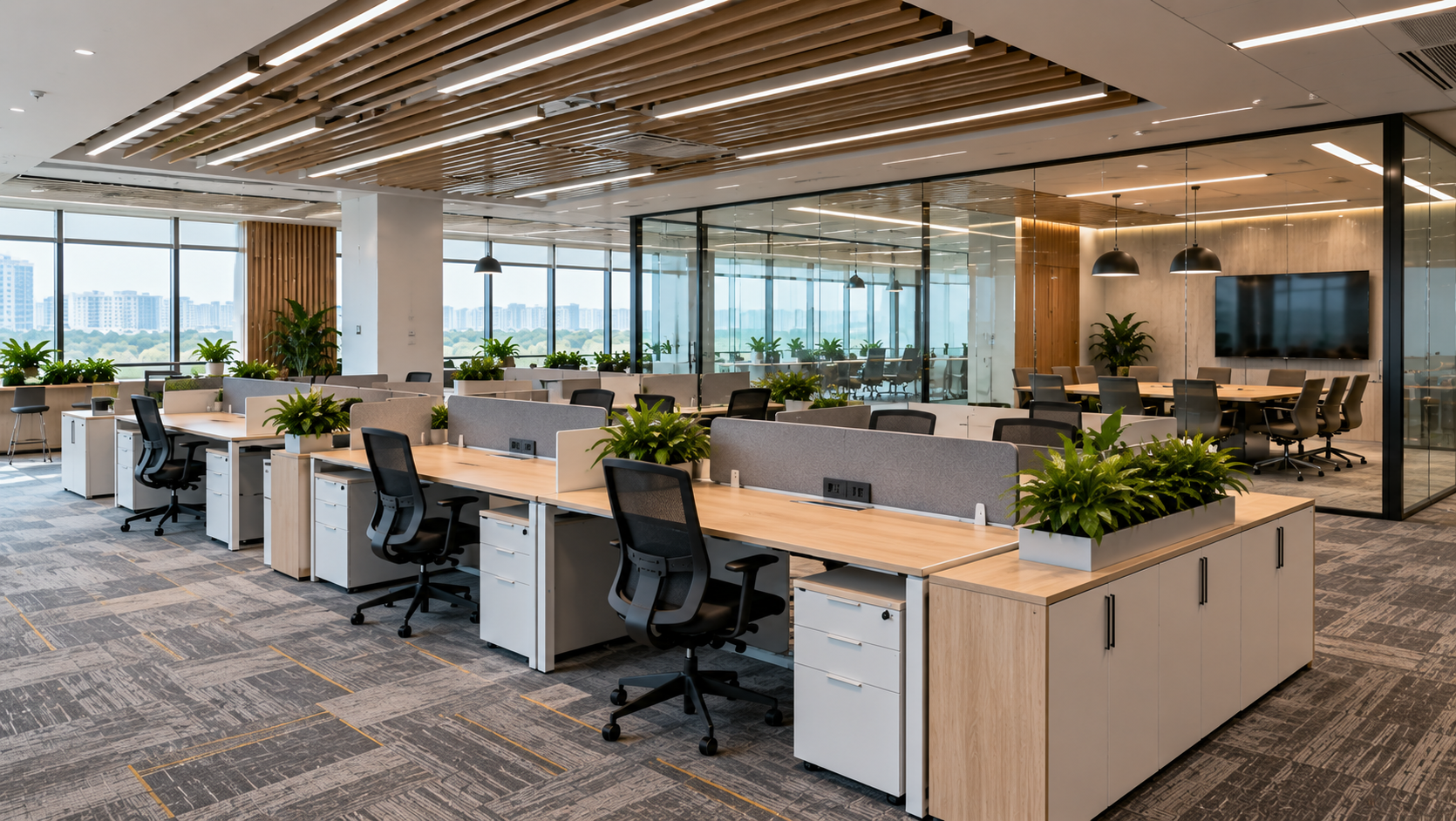Modular office workstations and storage units installed