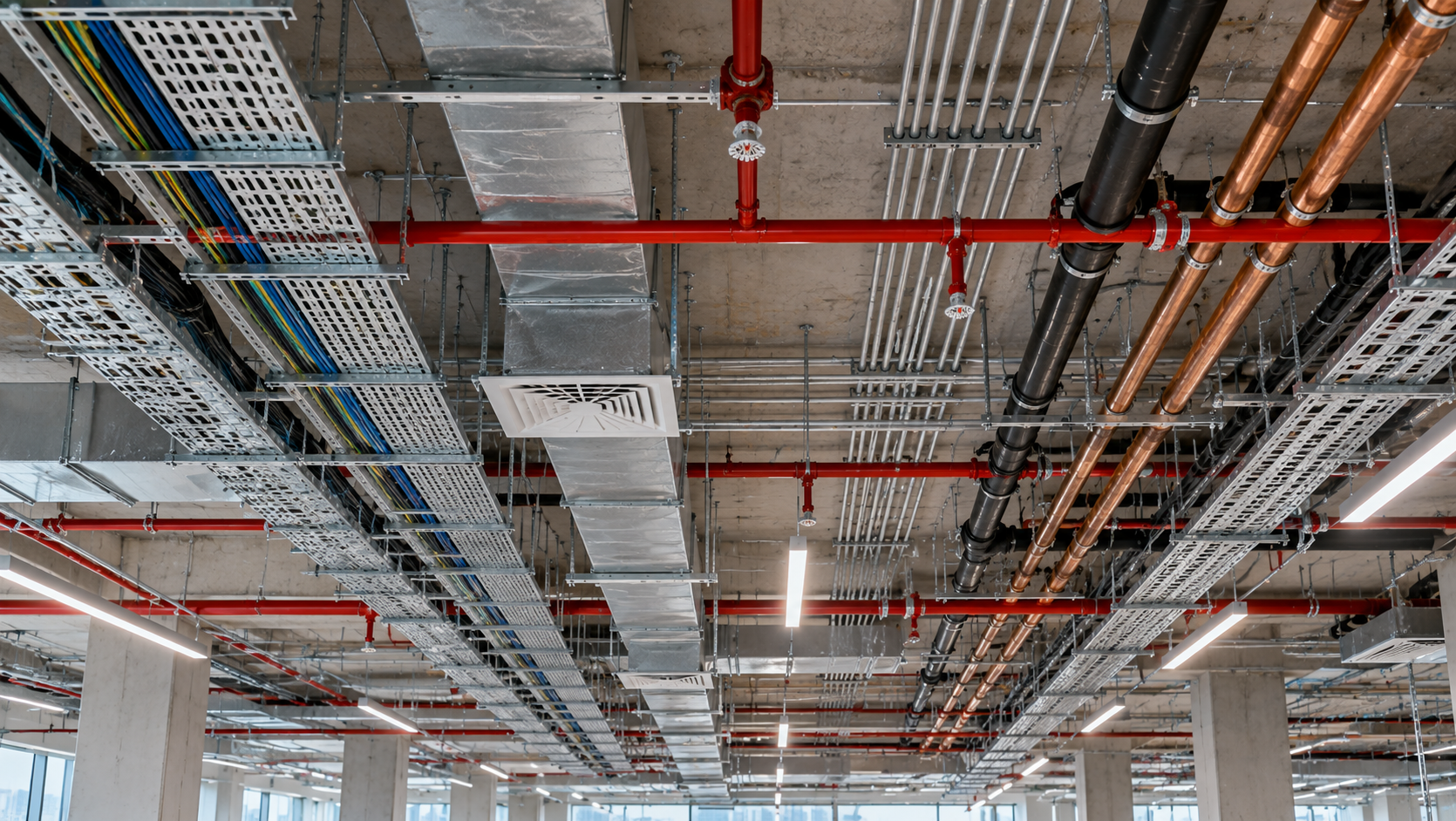 Electrical panel, plumbing lines and fire fighting sprinkler installation